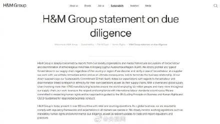 【hm拒绝使用新疆棉花】h&m集团在网站发布的一份声明引发关注.