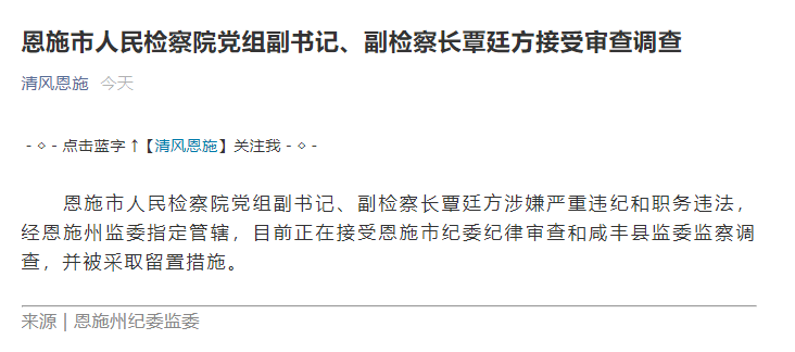 湖北恩施市人民检察院党组副书记,副检察长覃廷方接受审查调查