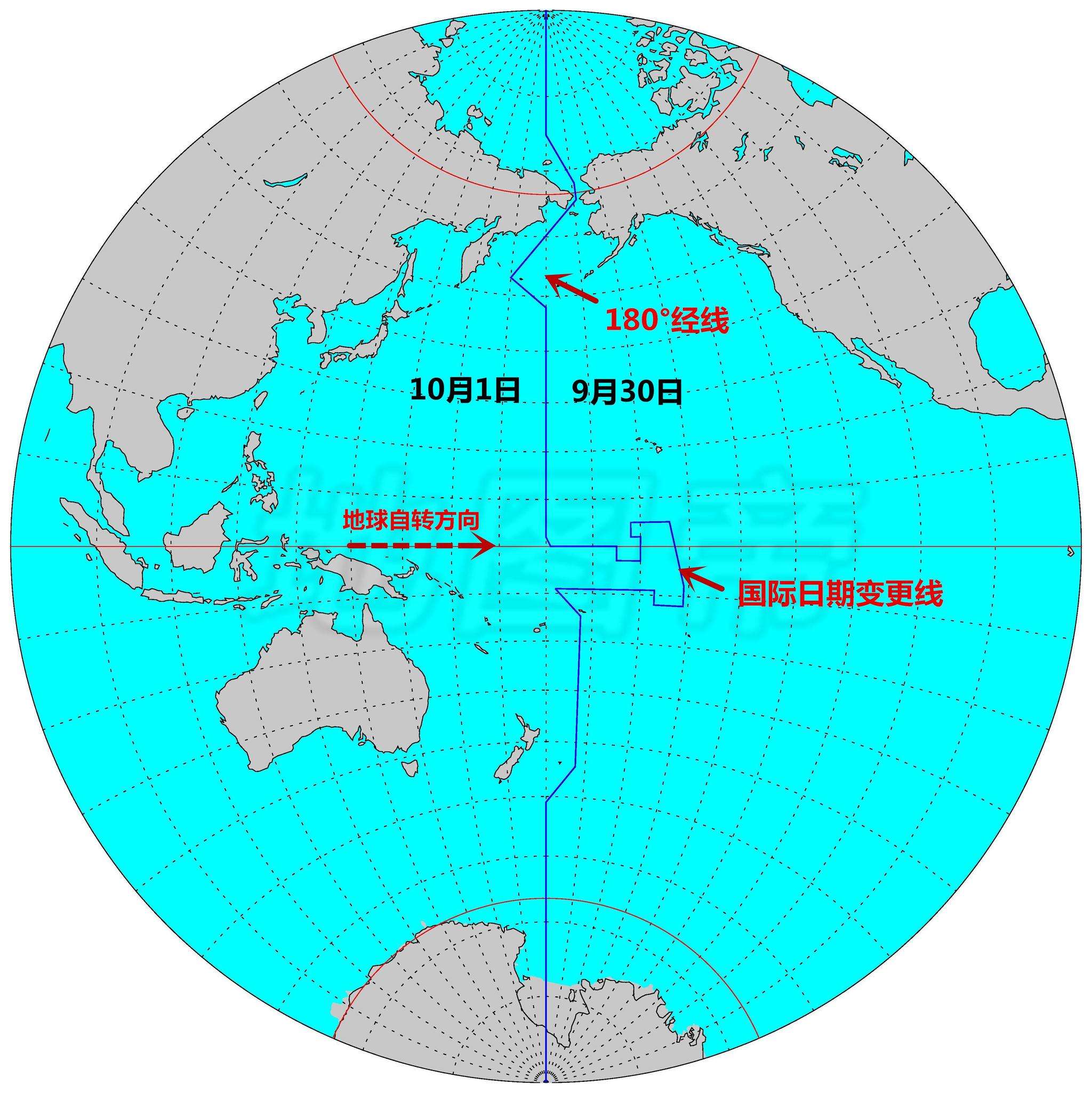 调整后的国际日期变更线,在太平洋中部基里巴斯所在位置向东突出,形似