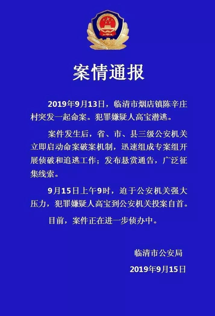 刚刚临清警方发通报烟店镇重大命案犯罪嫌疑人高宝投案