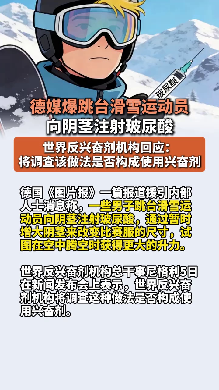 德媒爆跳台滑雪运动员向阴茎注射玻尿酸，世界反兴奋剂机构：将调查该做法是否构成使用兴奋剂