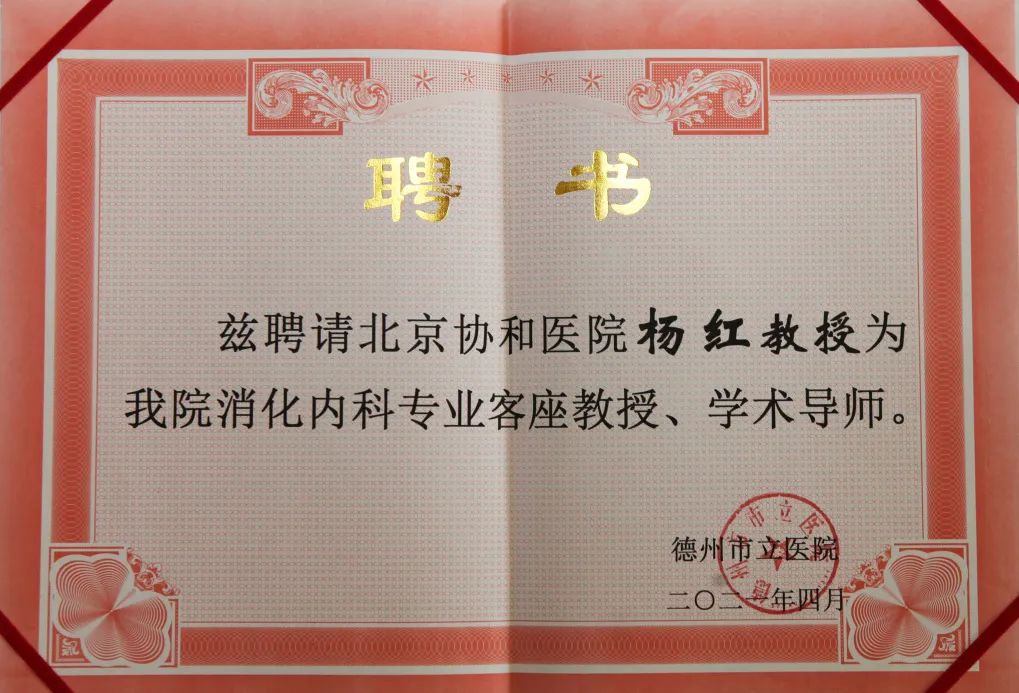 北京协和医院杨红教授受聘成为德州市立医院消化内科学术导师