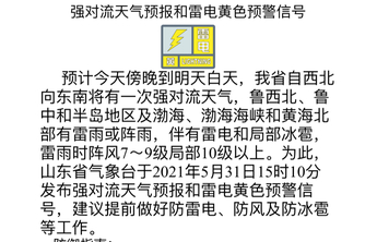 雷电、冰雹、大风！山东再发强对流天气预报和雷电黄色预警信号
