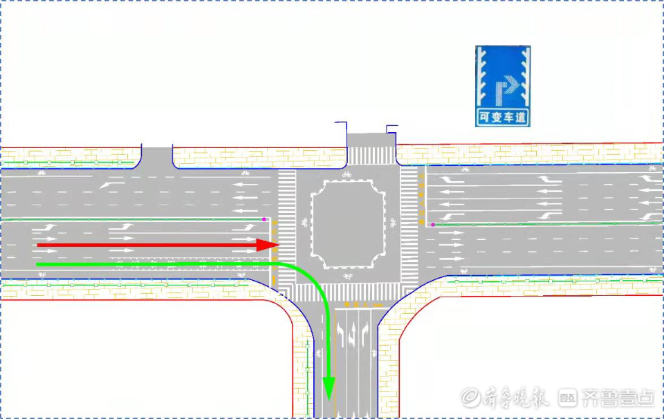 当交叉路口直行为红灯时,可变车道为右转车道,缓解各时段直行和右转的