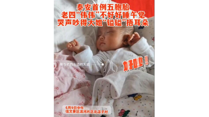 泰安首例五胞胎睡午觉，老四“伟伟”哭声吵得大姐“镒镒”捂耳朵