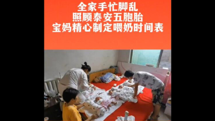 全家手忙脚乱照顾泰安五胞胎，宝妈为宝宝们精心制定喂奶时间表