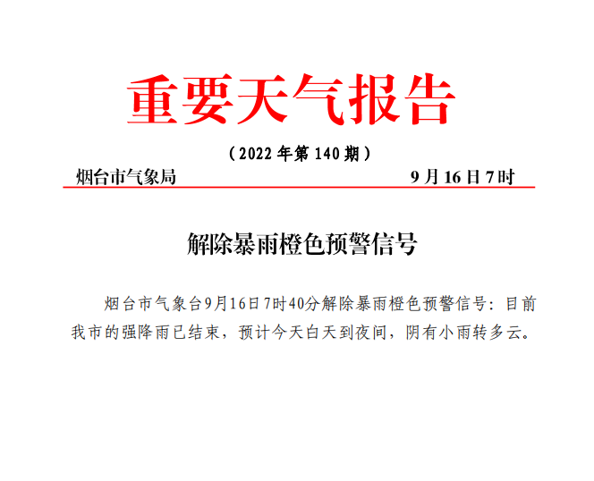 暴雨橙色预警信号解除！烟台市强降雨已结束