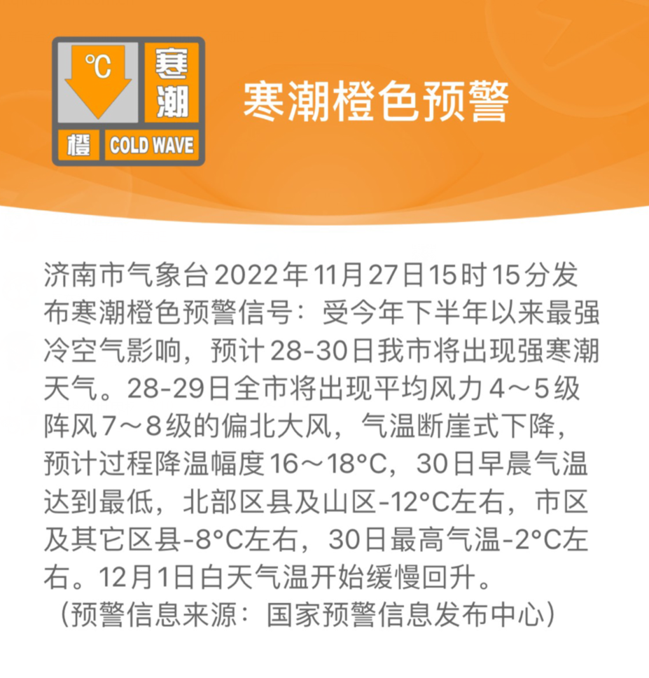 济南发布寒潮橙色预警，气温断崖式下降！