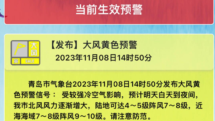 果然视频|青岛发布大风黄色预警，冷空气影响近海阵风可达10级