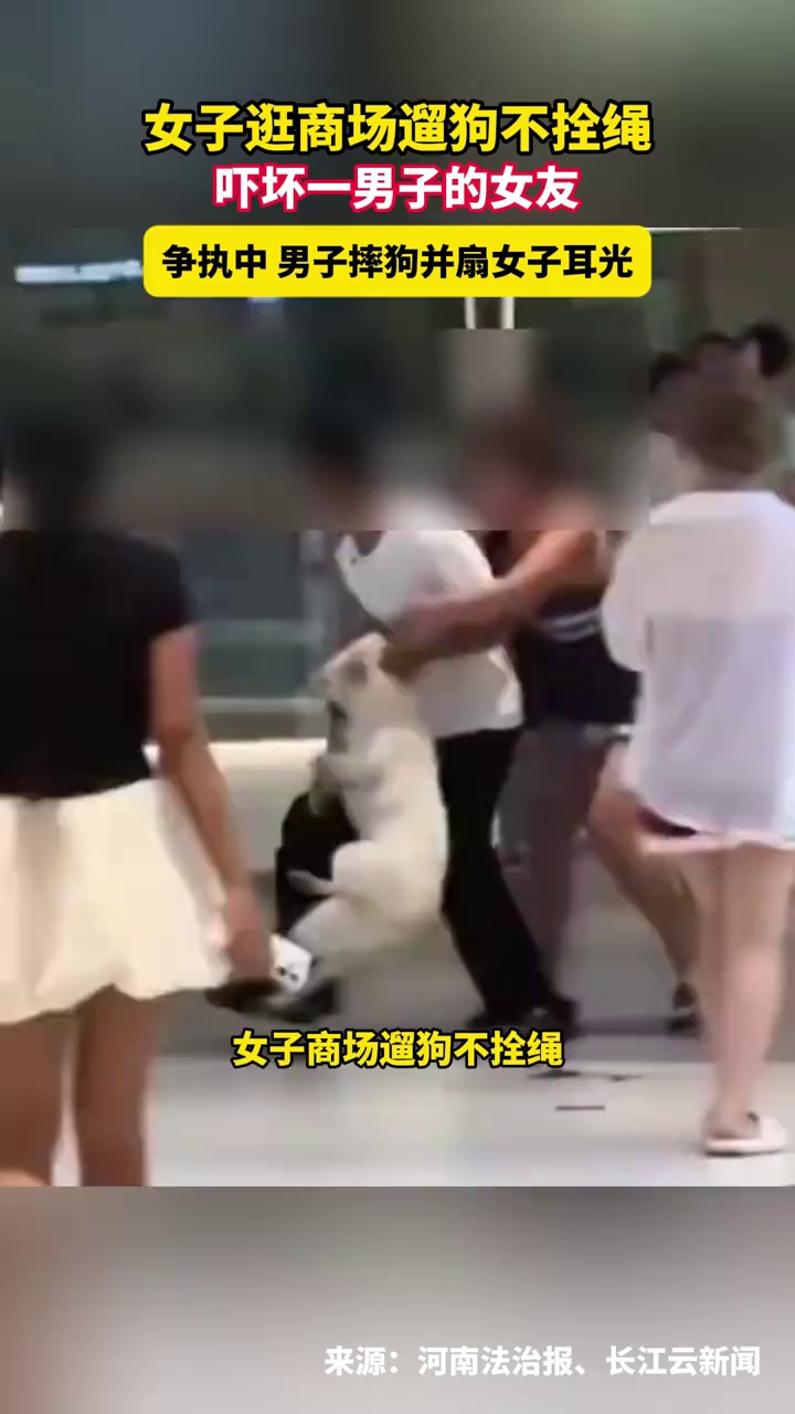 女子逛商场遛狗不拴绳，吓坏一男子的女友，争执中，男子摔狗并扇女子耳光