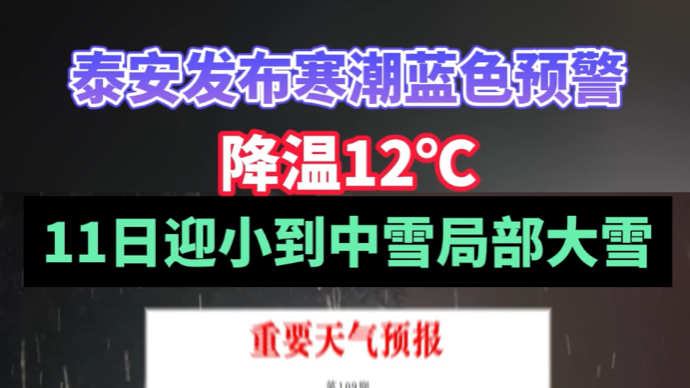 泰安发布寒潮蓝色预警，降温12℃，11日迎小到中雪局部大雪→