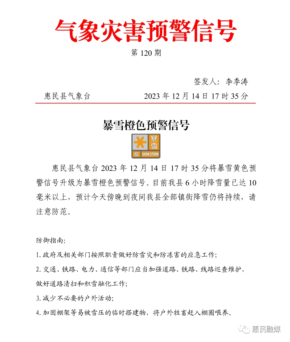 暴雪预警升级！惠民县6小时降雪量已超10毫米
