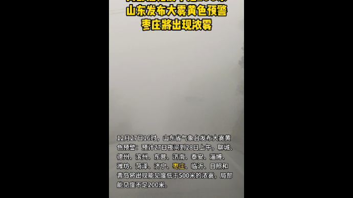 局部能见度不足200米 山东发布大雾黄色预警 枣庄将出现浓雾