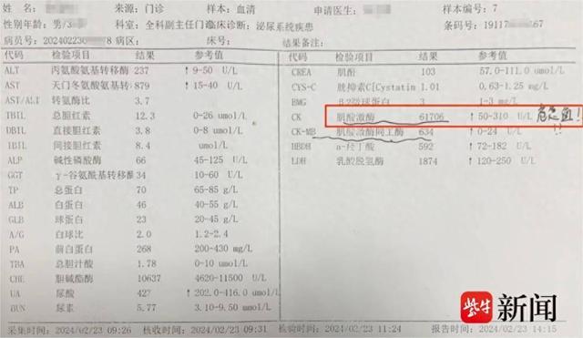 极度运动之后,骨骼肌肉细胞里的相关成分被释放到血液里(就像鸡蛋破了