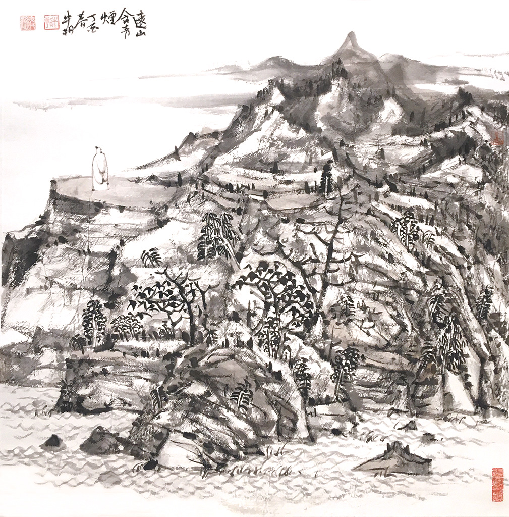 在画家牛朝的山水画里,春天苍茫而有趣——临水的山坳间参差着大小