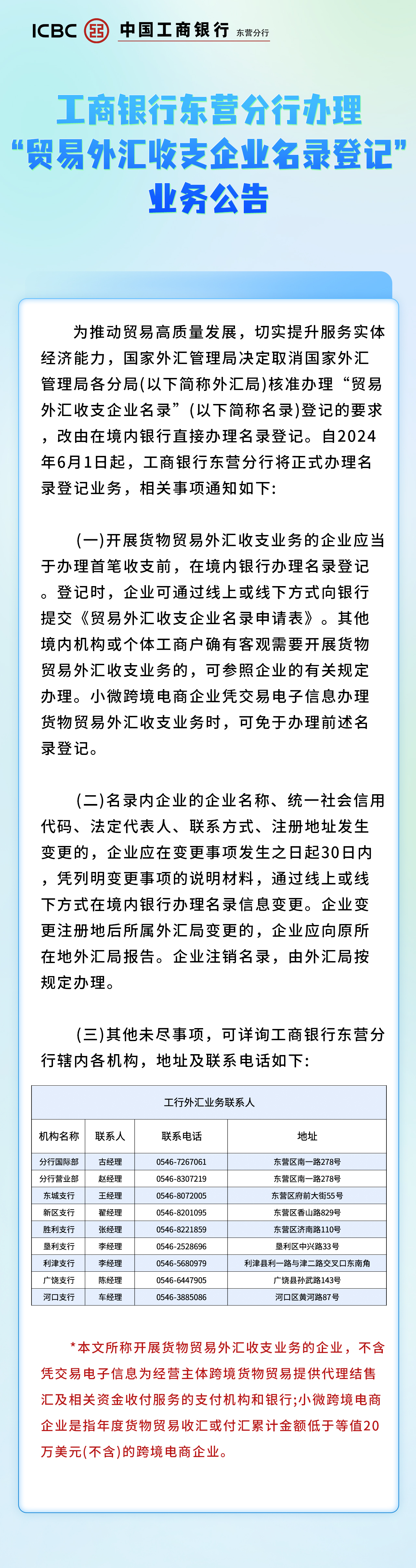 工商银行东营分行办理“贸易外汇收支企业名录登记”业务公告