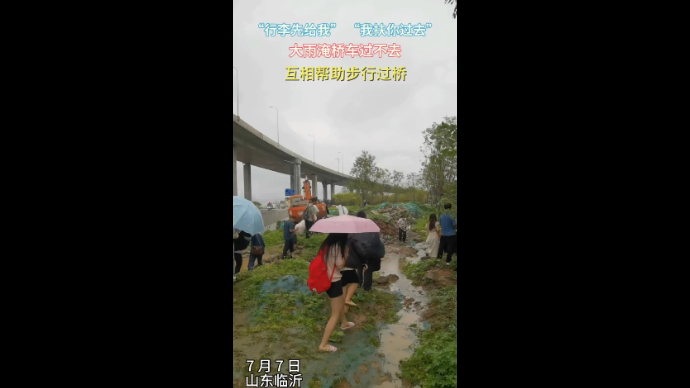 果然视频|桥下积水太深车过不去，车上乘客相互帮助步行过桥