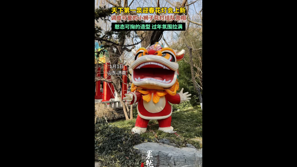果然视频|天下第一泉迎春花灯会上新，小狮子花灯组队亮相