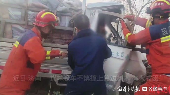 果然视频|货车躲车不慎撞上路边树，消防员到场救出被困者