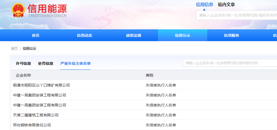 中建一局安装工程公司上榜信用能源失信被执行人名单(图1)