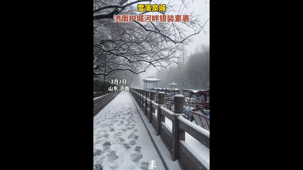果然视频|雪落泉城，护城河畔银装素裹