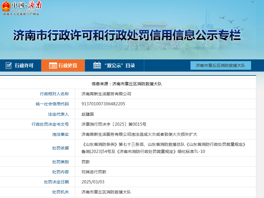 因这类违法行为，济高发展旗下济高生活服务公司再收消防罚单