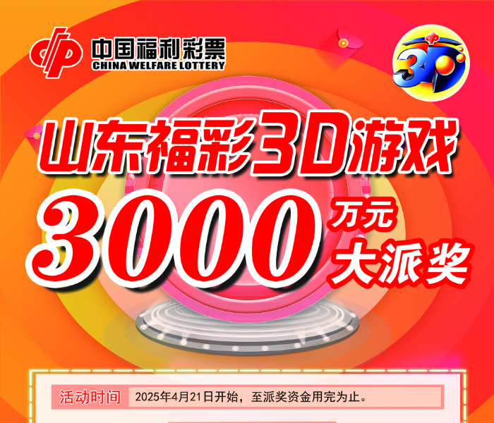 为回馈彩友对我省福彩3D游戏的支持，山东省福利彩票发行中心决定开展3D游戏派奖活动。派奖时间2025年4月21日开始，至派奖资金用完为止。派奖资金3000万元，从3D游戏调节基金中列支。