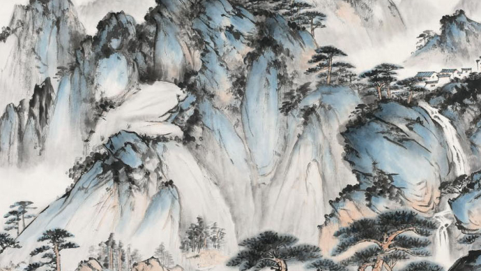 林存安画山水，展现了色彩的节奏感