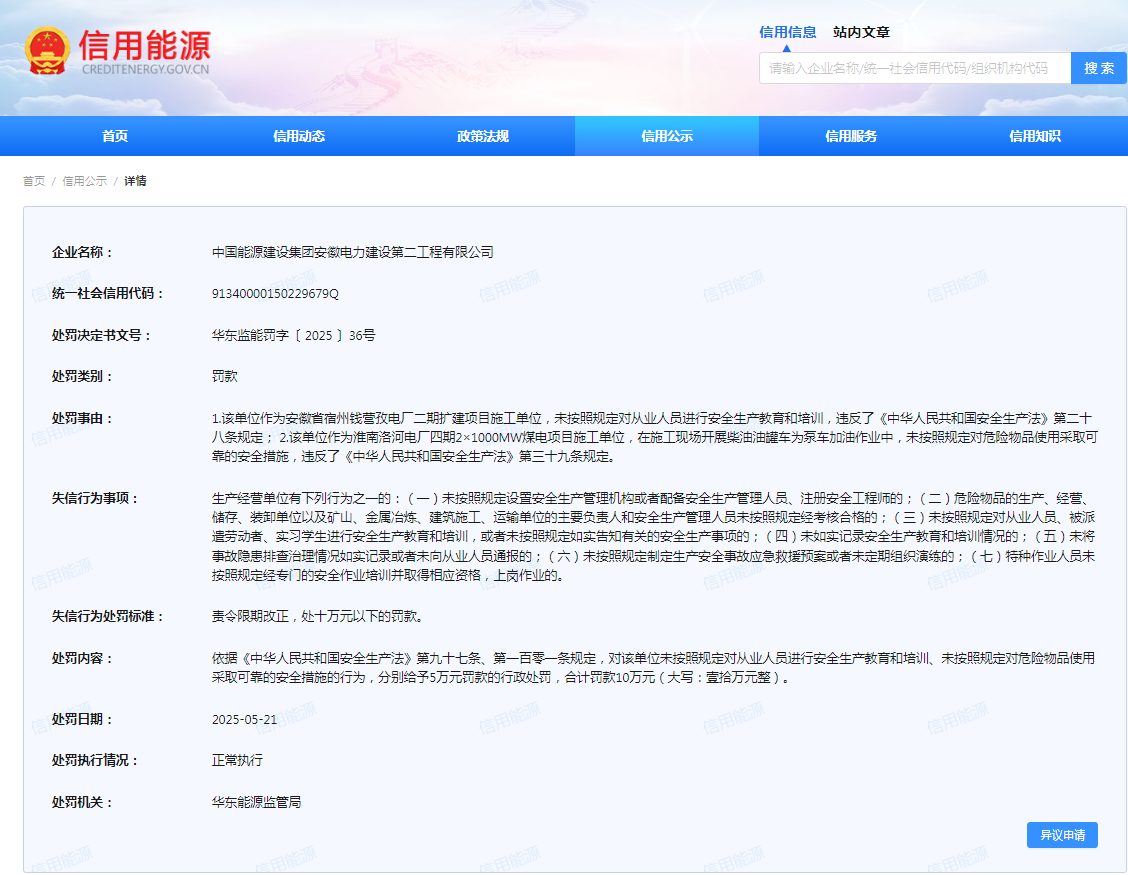 中国能源建设集团安徽电力建设第二工程有限公司违规被罚