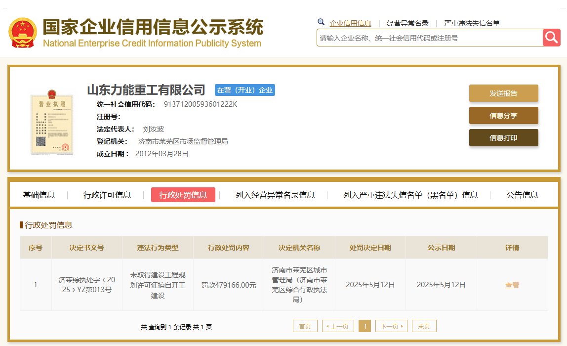 未取得建设工程规划许可证擅自开工建设，山东力能重工被罚