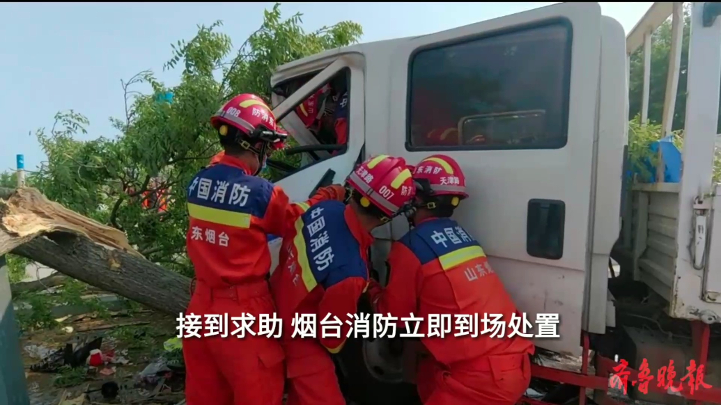 果然视频|货车失控撞上路边树，消防员破拆驾驶室救出被困者