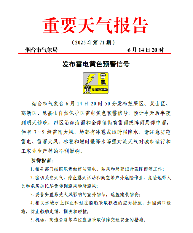 烟台发布雷电黄色预警！局部可能有冰雹或短时强降水