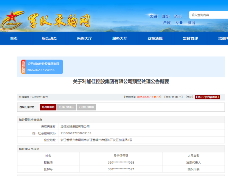 ESG风险观察｜加佳控股因违规遭军采预警处理