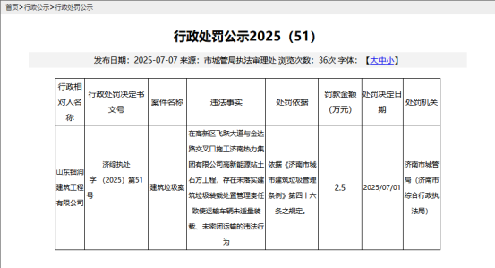 山东钿润建筑工程有限公司因违规运输建筑垃圾被罚2.5万元