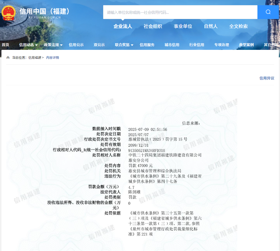 中铁二十四局集团福建铁路建设有限公司惠安分公司违规被罚
