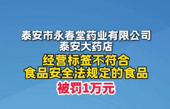果然视频丨罚1万元！泰安市永春堂药业有限公司泰安大药店经营标签不符合规定的食品