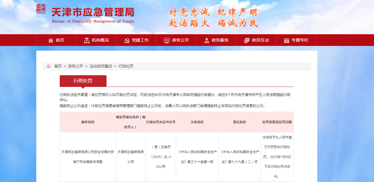 天津炼达集团再收罚单：安全设备的安装不符合国家标准