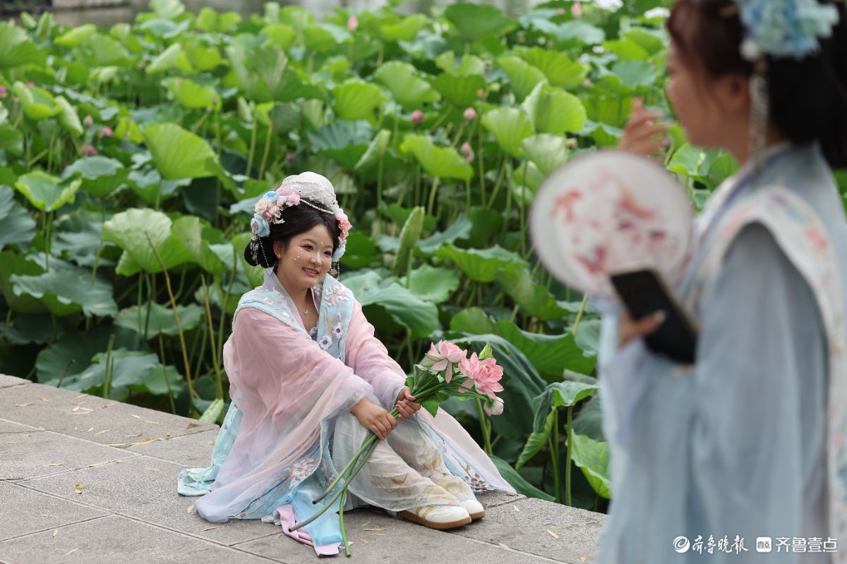 大明湖荷花绽放，游客身穿汉服化身“夏雨荷”打卡