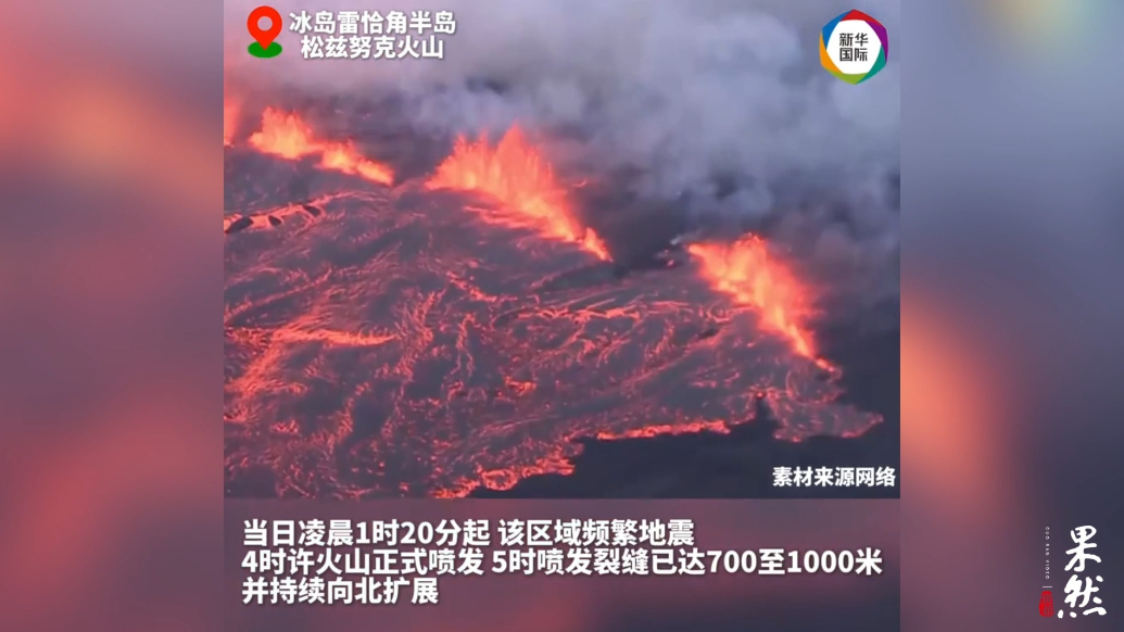 果然视频·看天下|冰岛一火山喷发，近千米裂缝喷涌熔岩 
