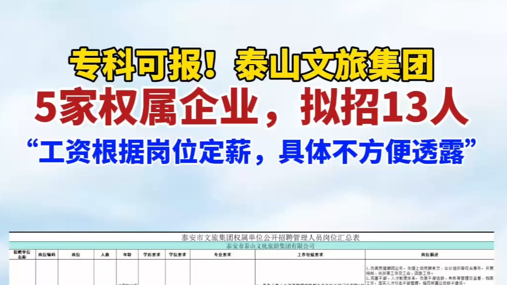 果然视频丨专科可报，工资根据岗位定薪，泰山文旅集团5家权属企业，拟招13人