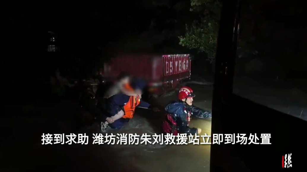 果然视频|强降雨致路面积水，消防员及时转移两名路人