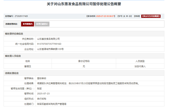 围标串标，山东惠发食品股份有限公司被暂停军采资格