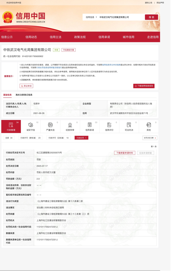 中铁武汉电气化局在上海项目违规使用未经检测材料被处罚