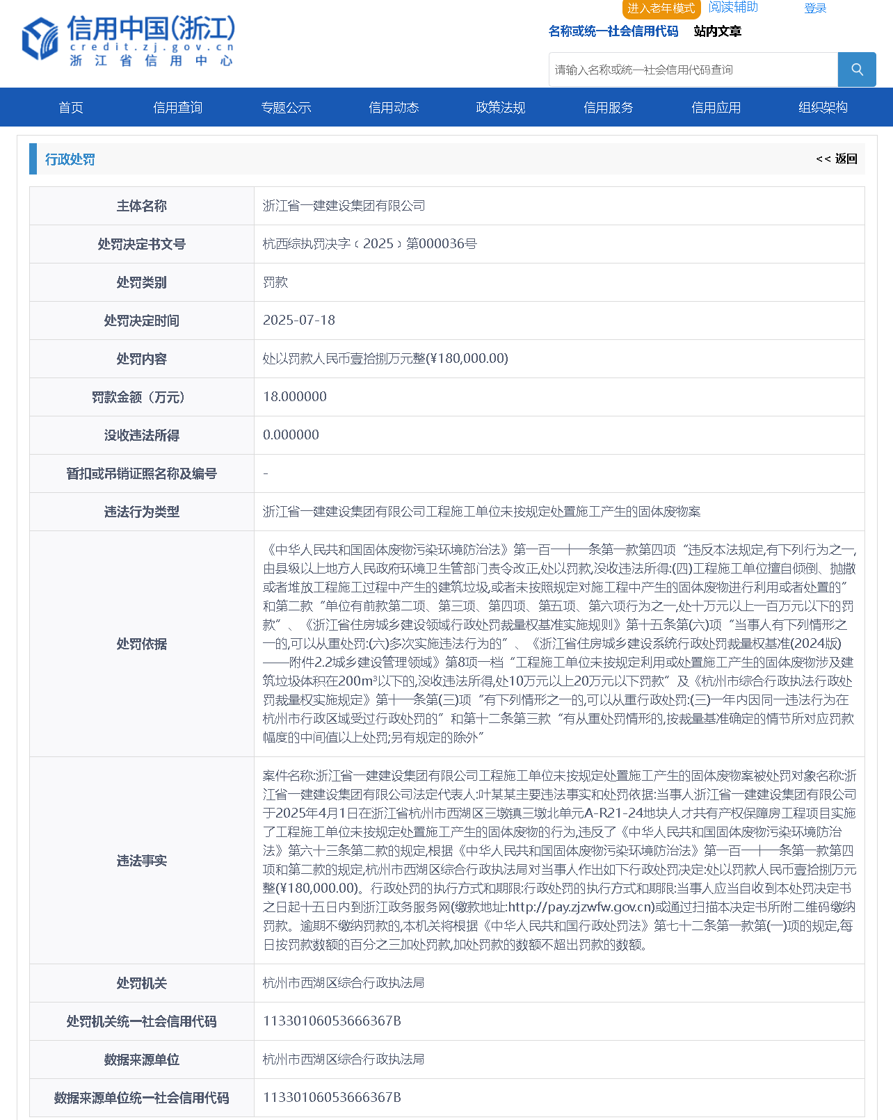浙江一建因固体废物处置问题被罚18万