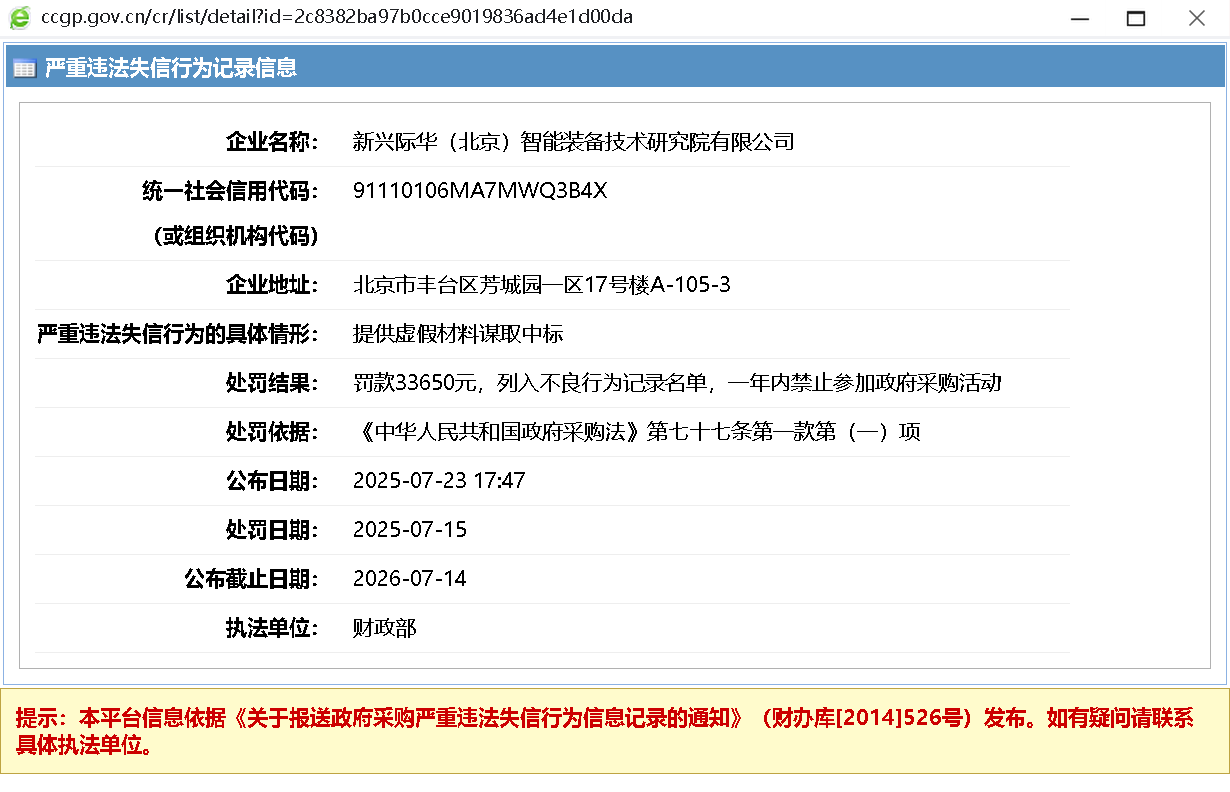 虚假材料谋取中标！新兴际华（北京）智研院被罚被禁