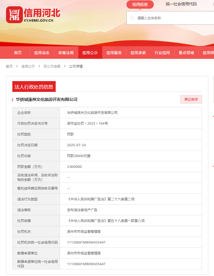 发布违法房地产广告！华侨城涿州文化旅游开发有限公司被罚