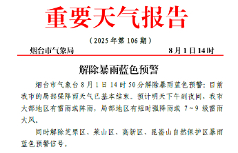 蓬莱大辛店79.3毫米，局部强降雨结束，烟台解除暴雨蓝色预警