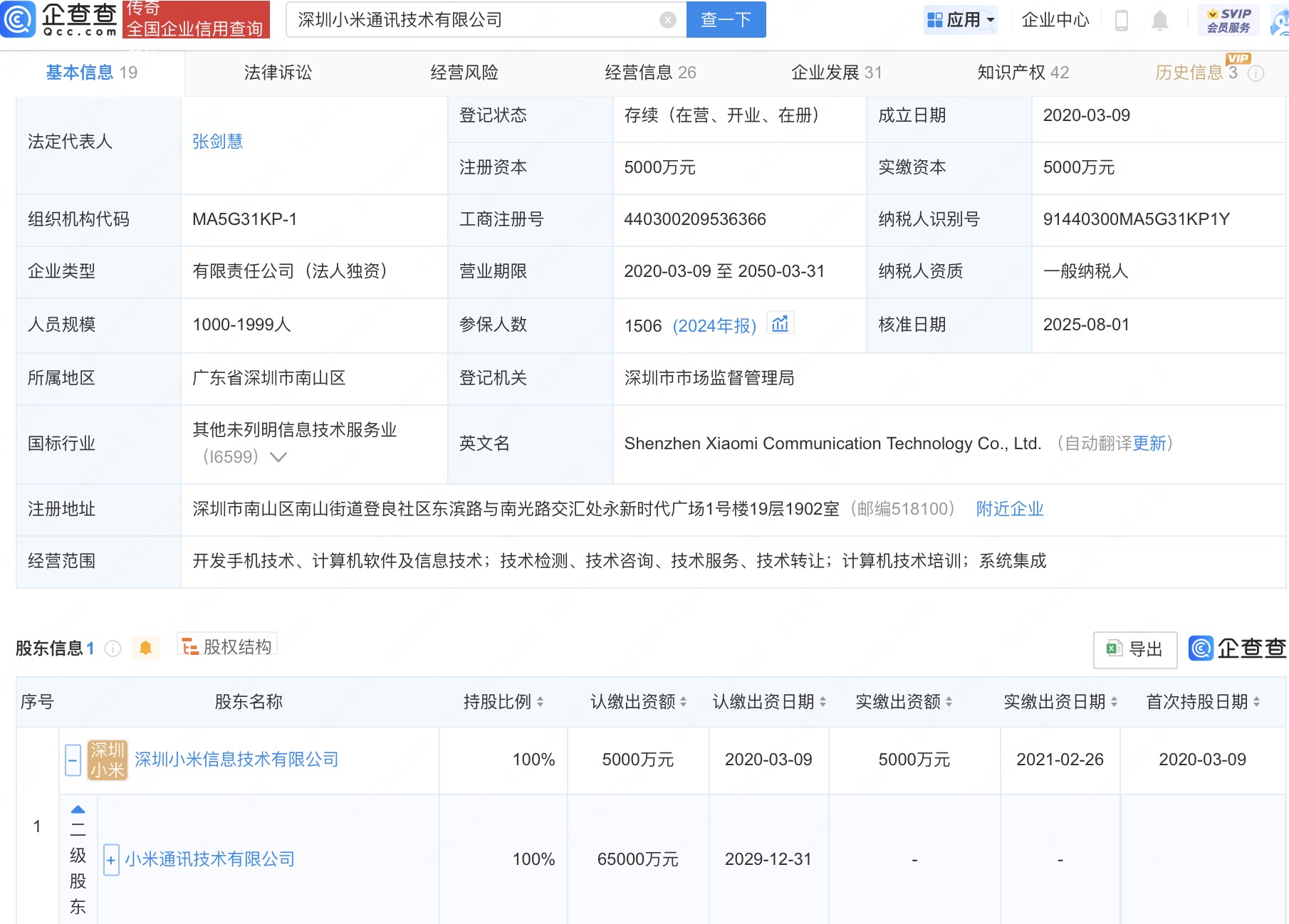 深圳小米通讯技术公司法定代表人变更