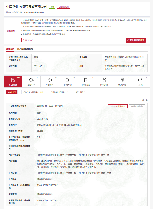 连罚三单，中国铁建港航局多次违规