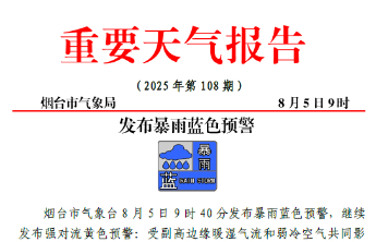 暴雨蓝色预警！预计5日下午到夜间，烟台局部将迎暴雨或大暴雨